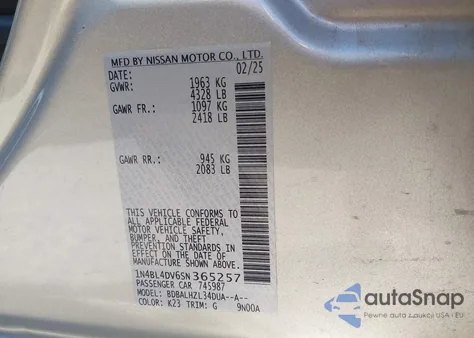 2025 Nissan Altima Sv Fwd z USA, uszkodzony, nr VIN 1N4BL4DV6SN365257